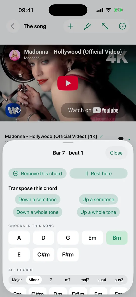 Correcting a chord: hold a beat and change it, remove it, or mark a rest