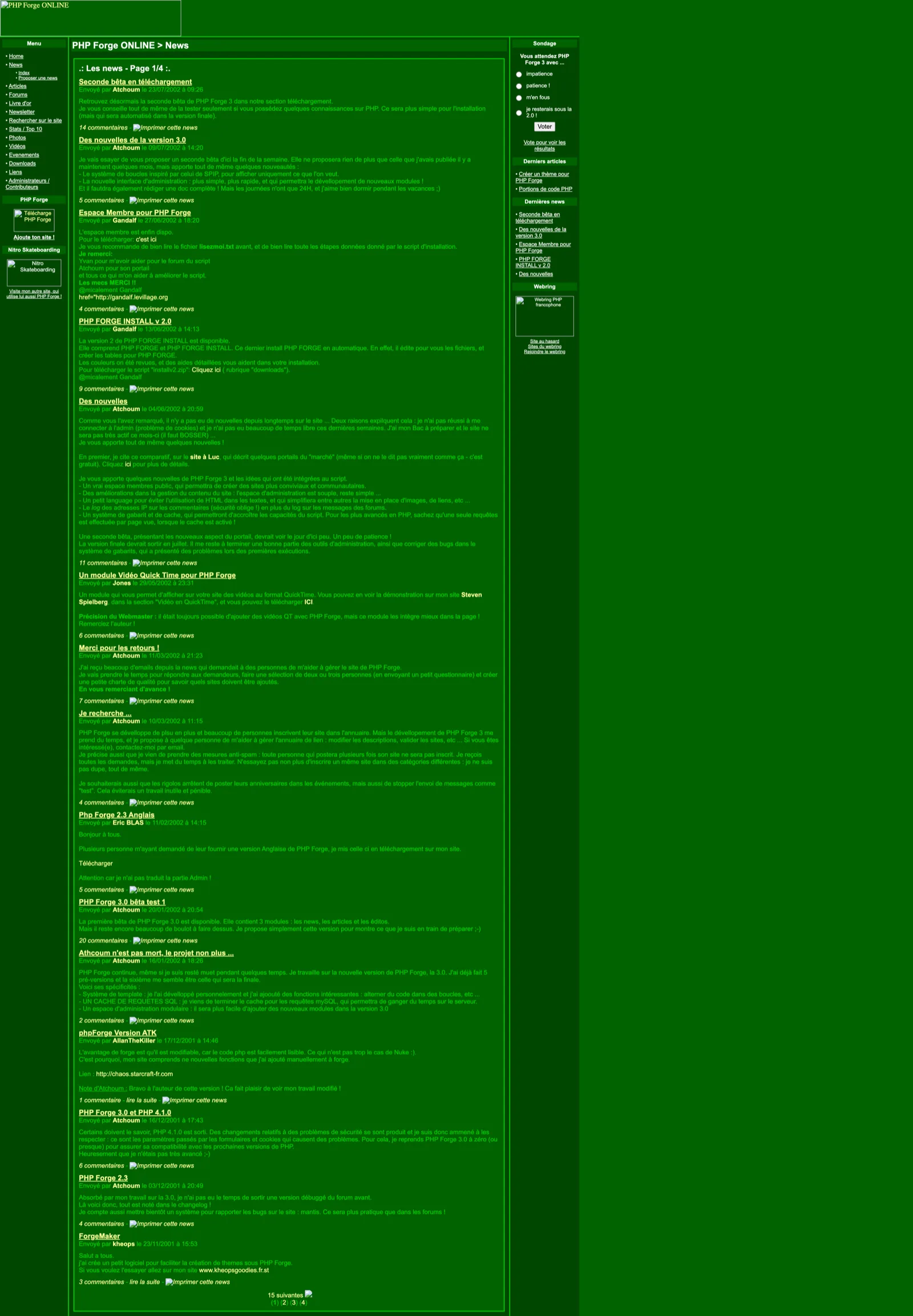 The PHP Forge ONLINE news archive from September 2002, listing the second beta of version 3, the June 2002 post about the Bac exams, and the ForgeMaker announcement