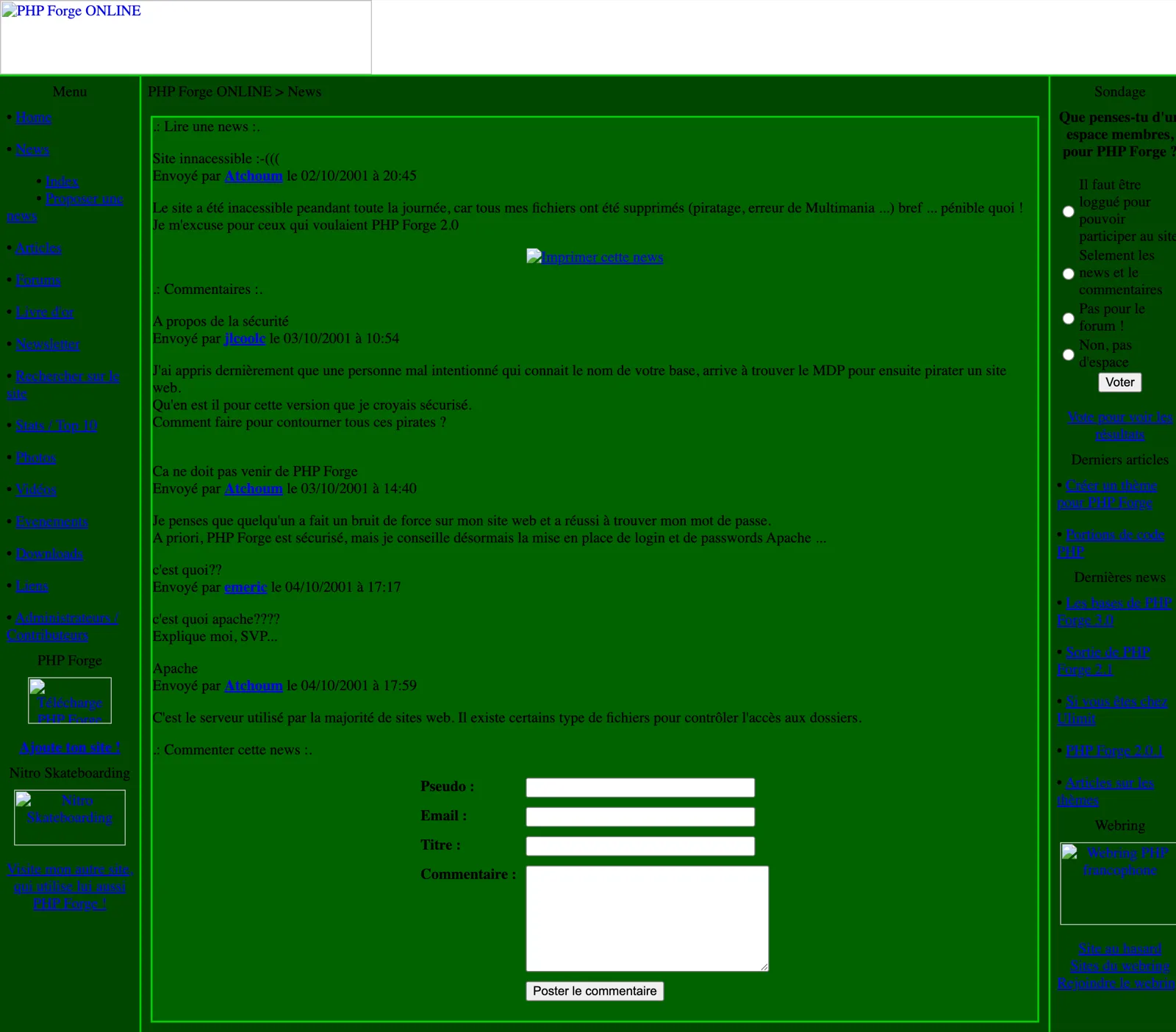 The October 2001 news post about the Multimania account being wiped, with the 'what is apache????' exchange in the comments