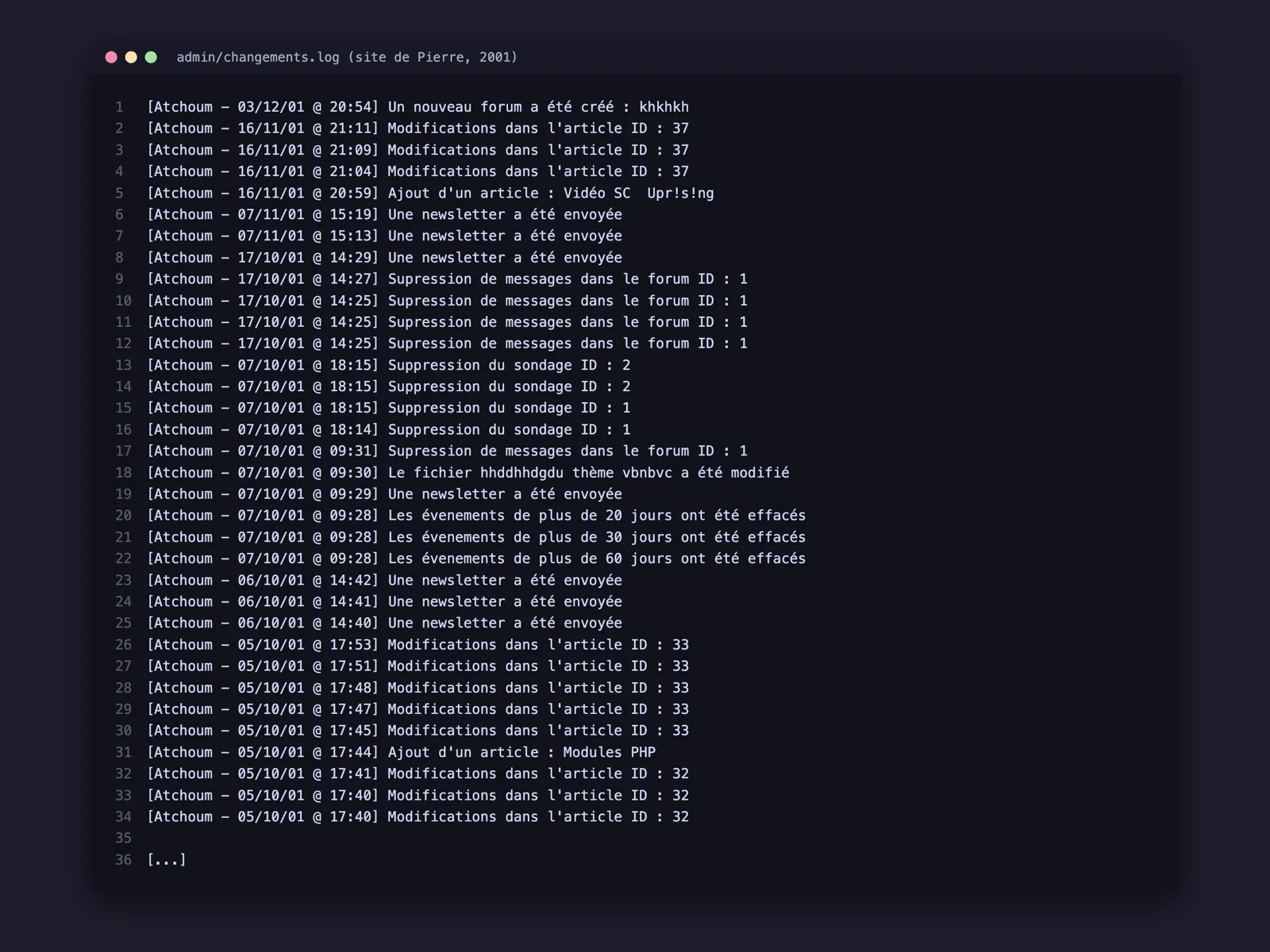 An extract of changements.log, the admin journal from Pierre Gentile's own PHP Forge site in 2001
