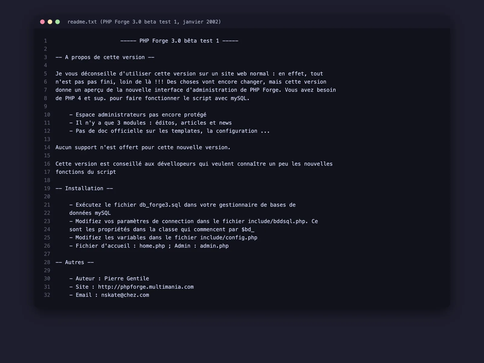 The readme file of PHP Forge 3 beta 1, signed 'Auteur : Pierre Gentile'
