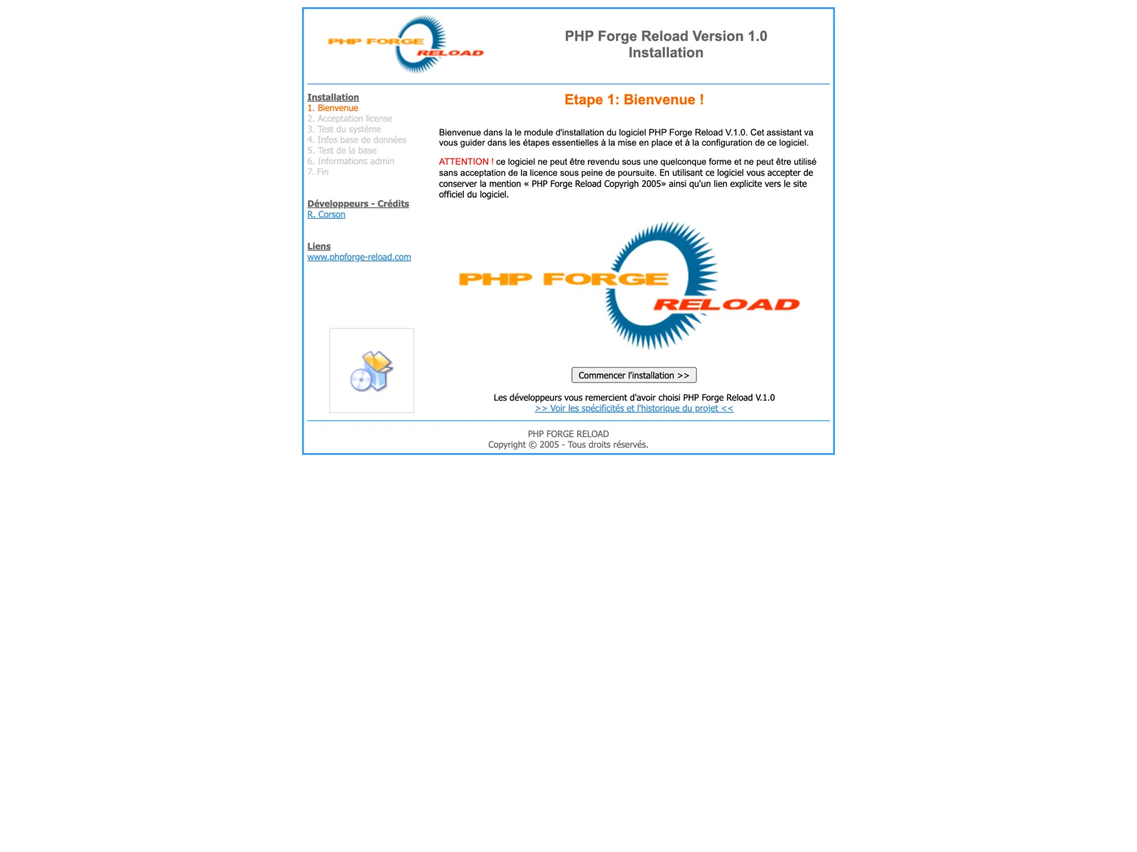 Step one of the PHP Forge Reload V1.0 installer from 2005, with its logo and the R. Corson credits